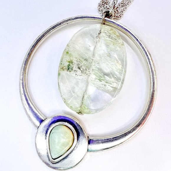 New / Handcrafted - Green Glass Bead Pendant 16” Silver Tone 2 Strand Necklace - Picture 8 of 8